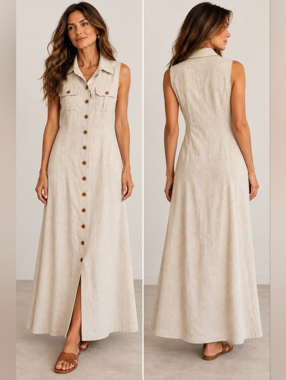 VINTAGE SCARLETT LINEN BLEND MIDI CREAM BUTTON FRONT DRESS SIZE 6
